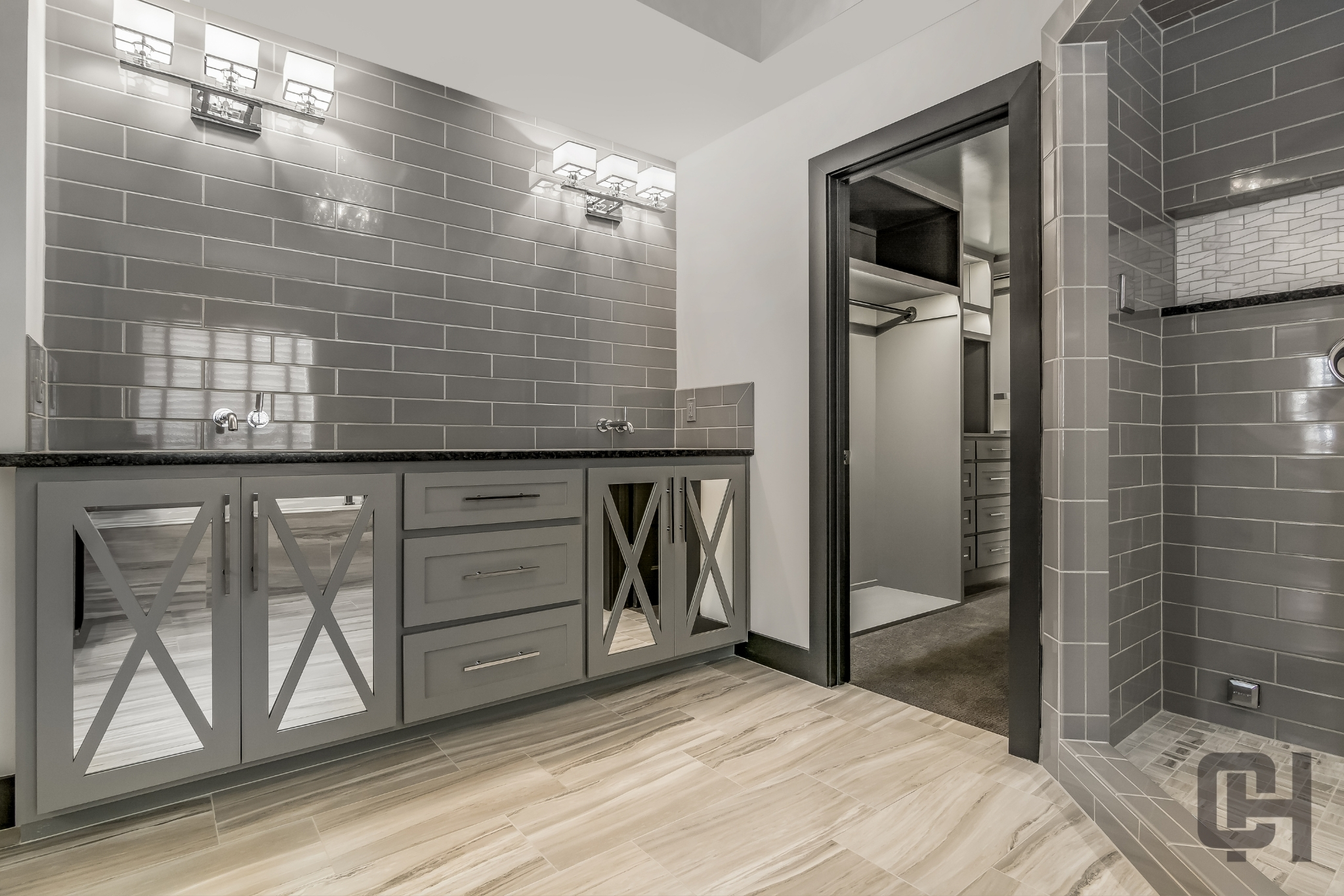 Justina Bathroom With White Vanity And Modern Lighting