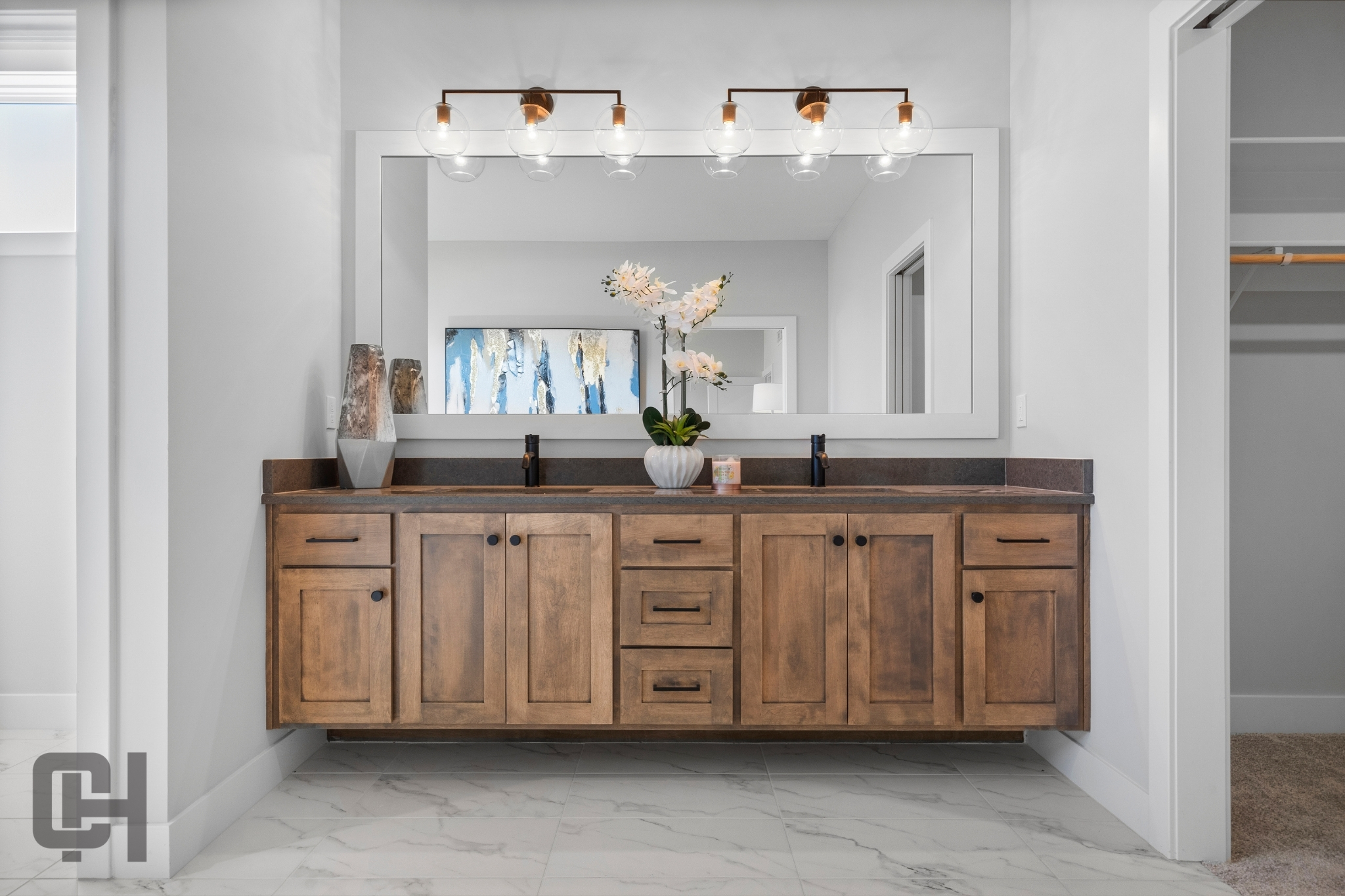 Siena Story Bathroom With Wood Vanity And Framed Mirror