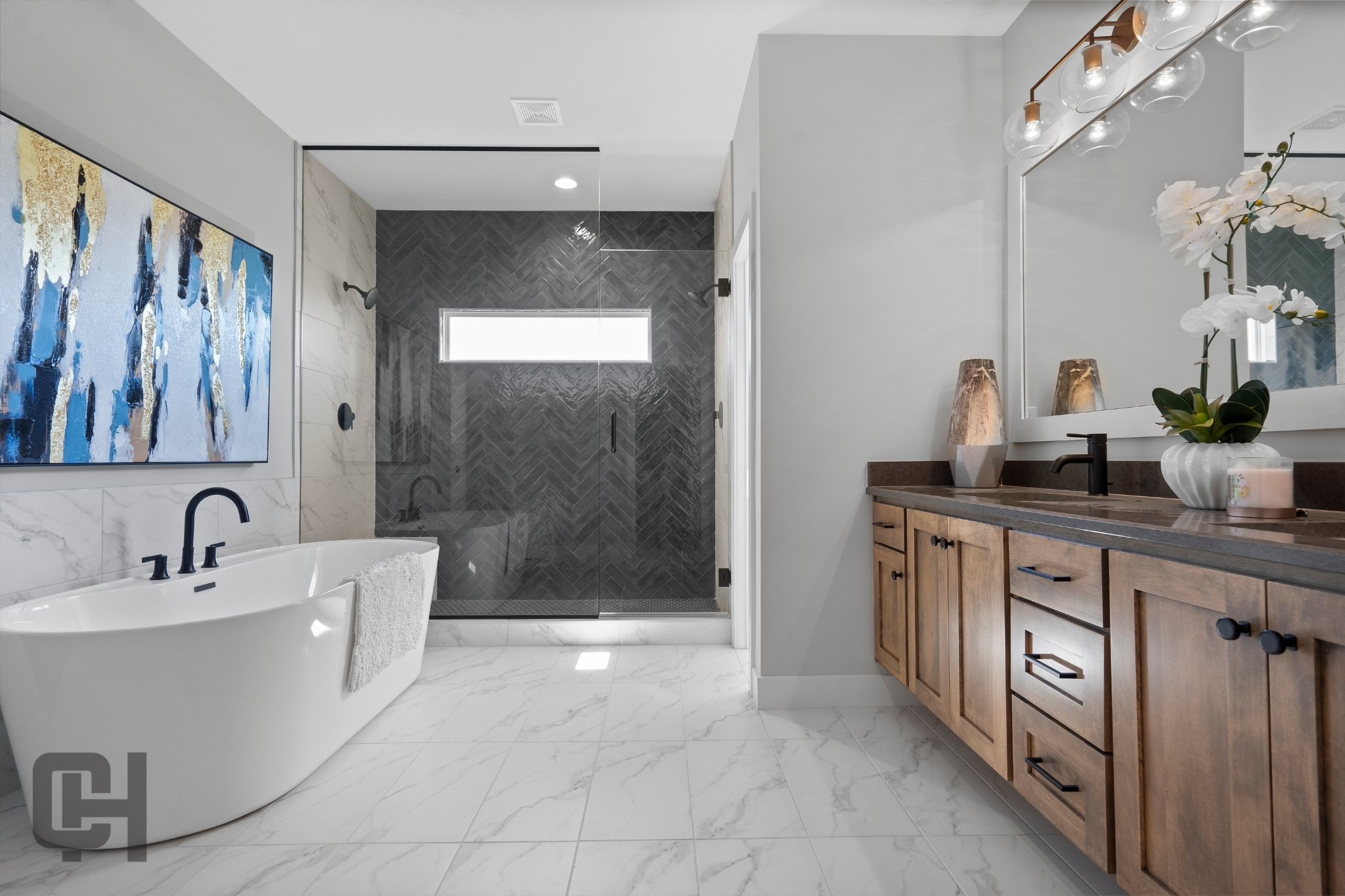 Siena Story Bathroom With Walk-in Shower And Tile Walls