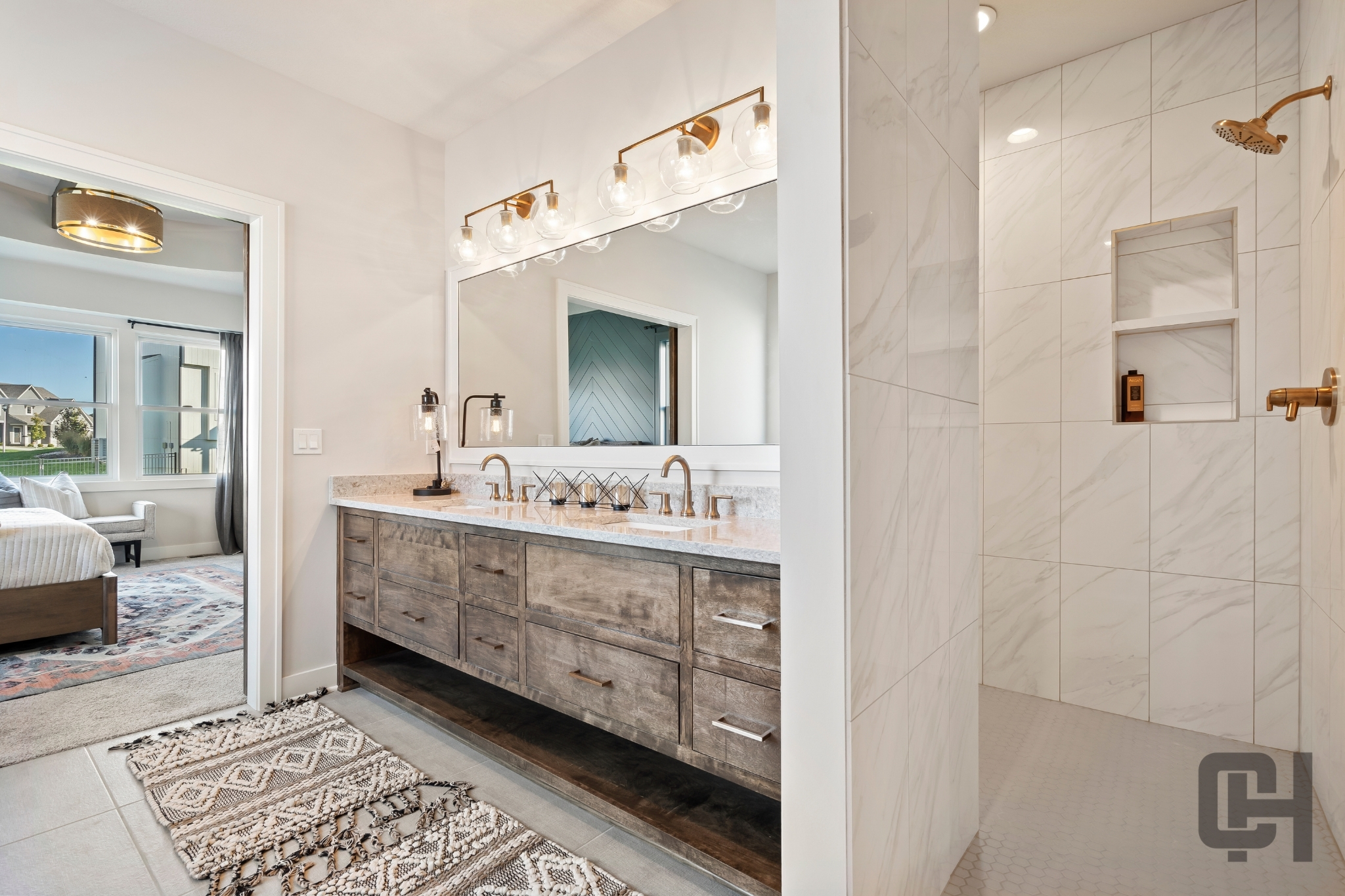 Varese Bathroom With Wood Vanity And Modern Lighting