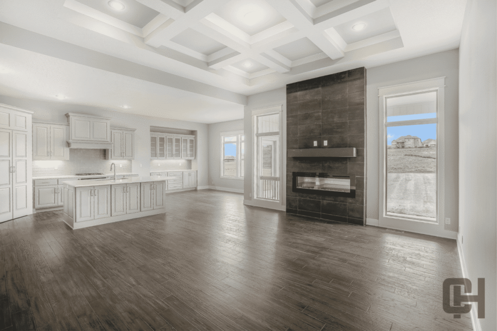 Verona II Living Room With Fireplace And Coffered Ceiling