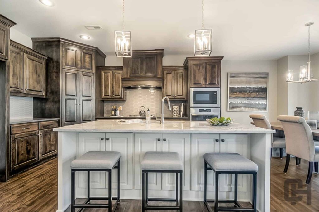 Madalena Kitchen With Stained Wood Cabinets And Island Seating