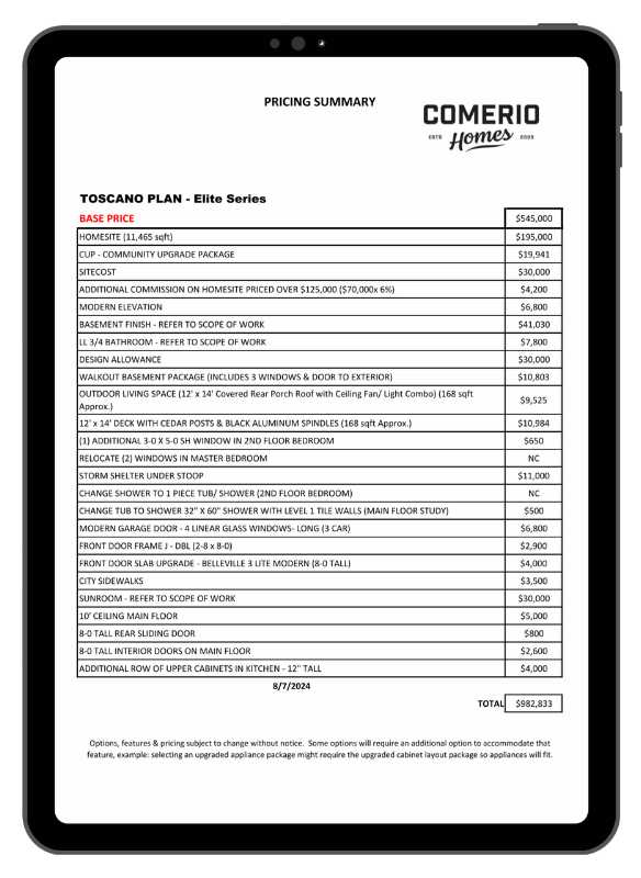 Sample of Toscano home pricing summary