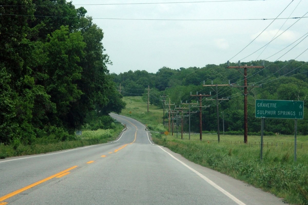 Highway 59 road view near Decatur Arkansas countryside