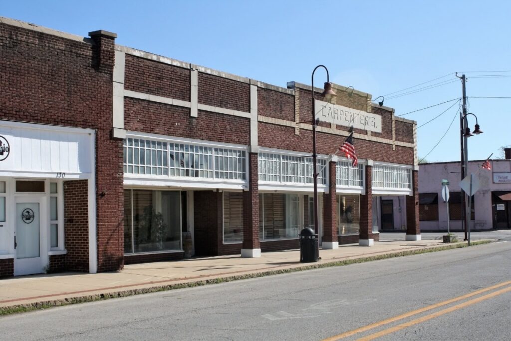 Historic Brick Buildings Along Downtown Street In Gentry Arkansas