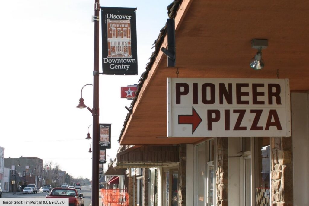 Pioneer Pizza Storefront Along Downtown Street In Gentry Arkansas