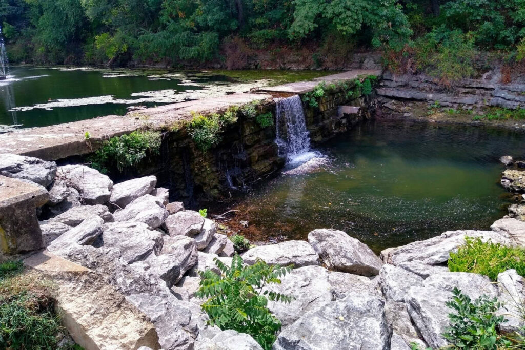 Sager Creek Waterfall And Stone Walkway In Siloam Springs Arkansas