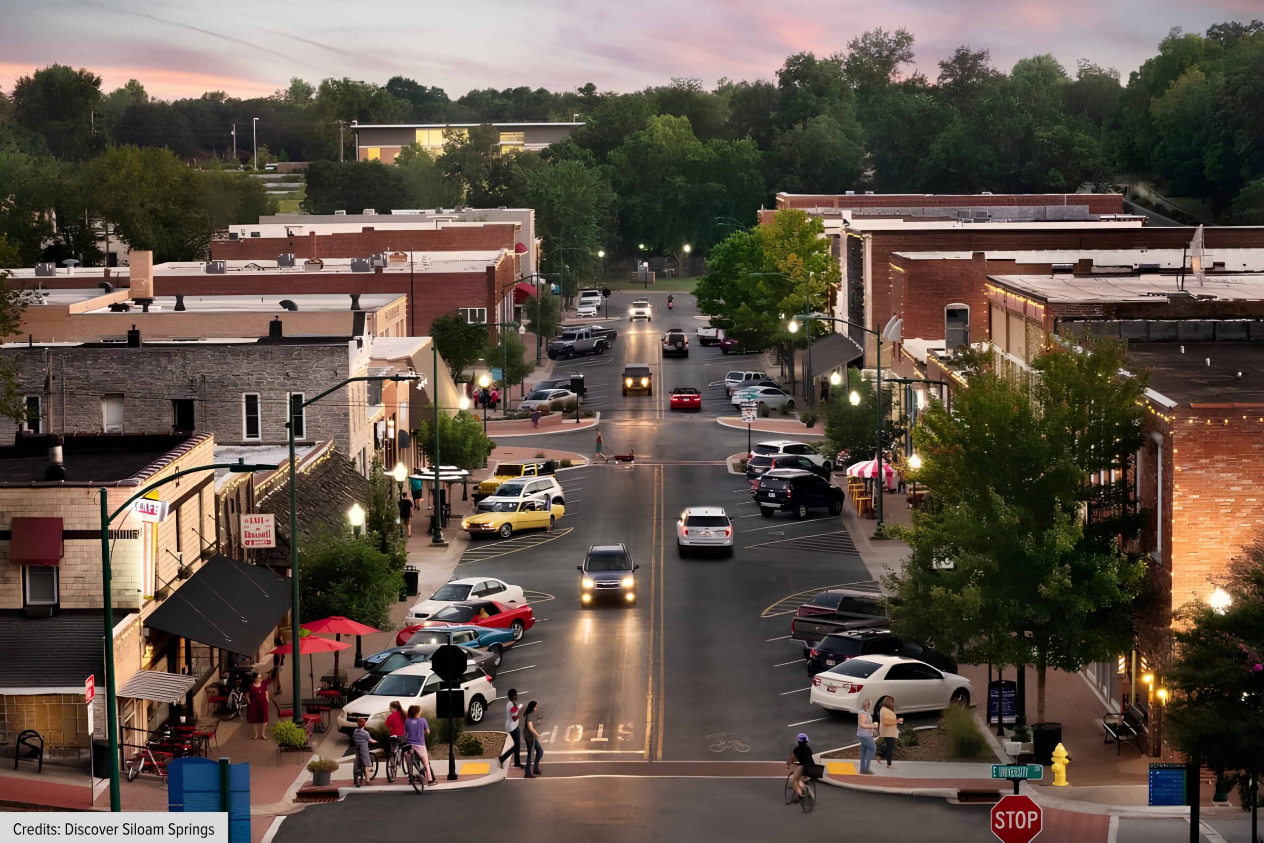 Downtown Siloam Springs, Arkansas, featuring local shops, restaurants, and historic buildings.